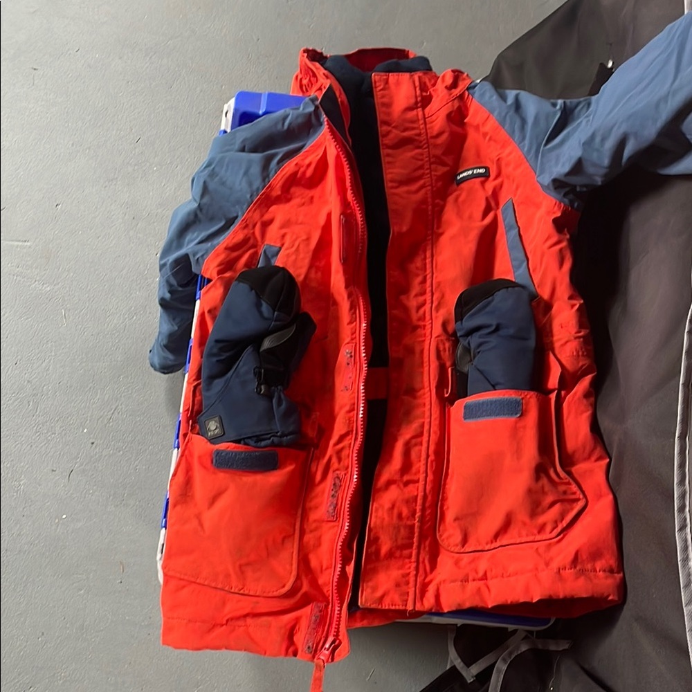 Lands' End Blue and Orange Puffer Jacket Insulated Design